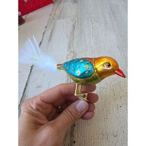 Kathe wohlfahrt glass sparkle bird clip ornament gold blue Xmas feather tree